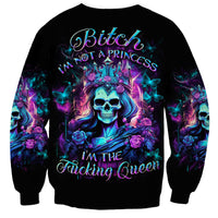 Black unisex sweatshirt with skull queen graphic and purple-blue roses