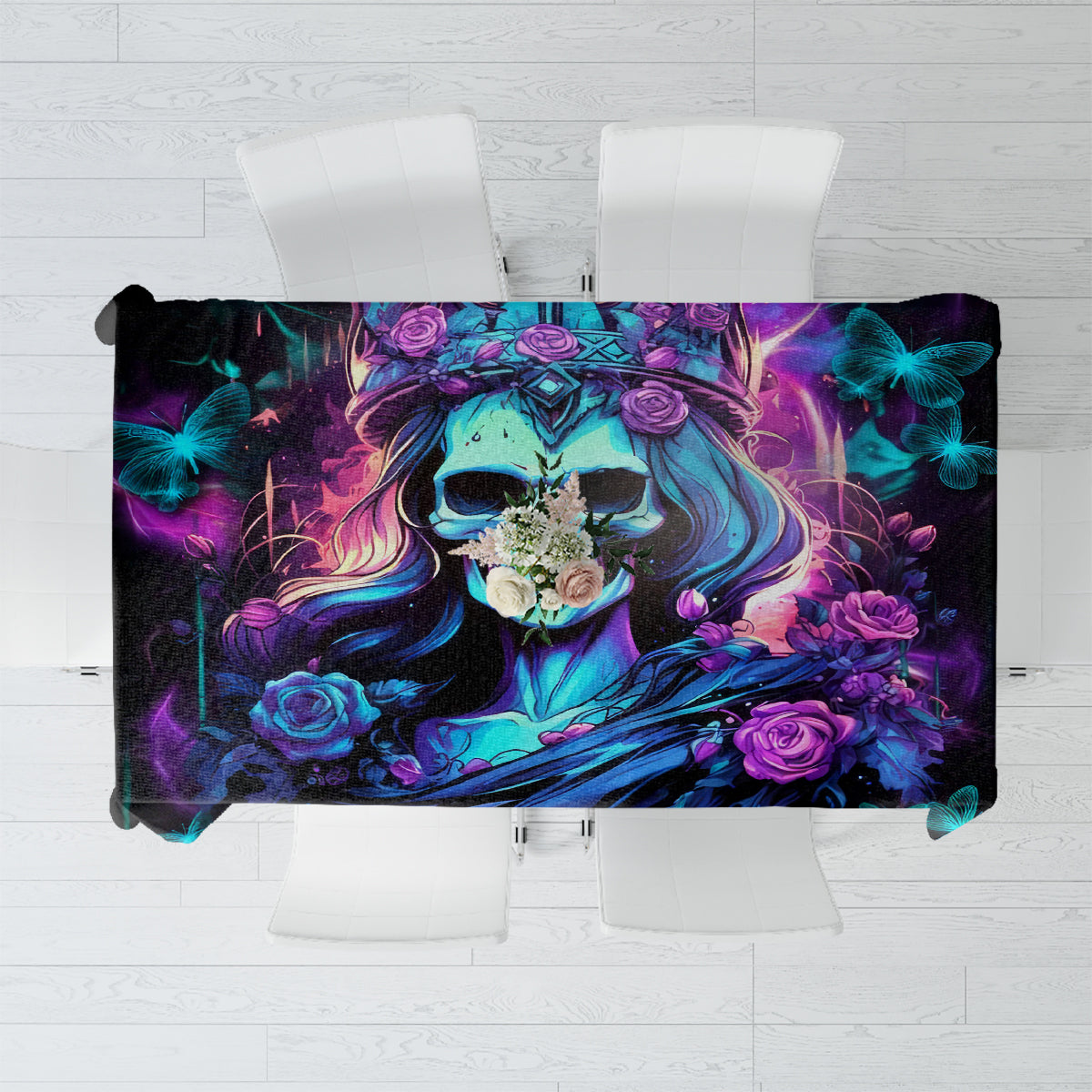 Black tablecloth with neon blue-purple skull, roses, and butterflies graphic