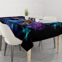 Black tablecloth with vibrant teal and purple skull, roses, and butterfly pattern