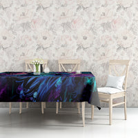 Black tablecloth with purple-blue skull, roses, and teal butterfly print