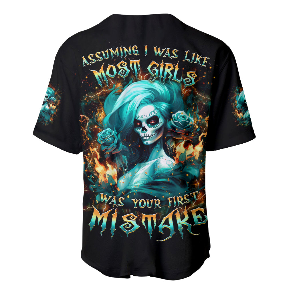 Flame Girl Skull Baseball Jersey Assuming I Was Like Most Girls Was Your First Mistake - Wonder Print Shop