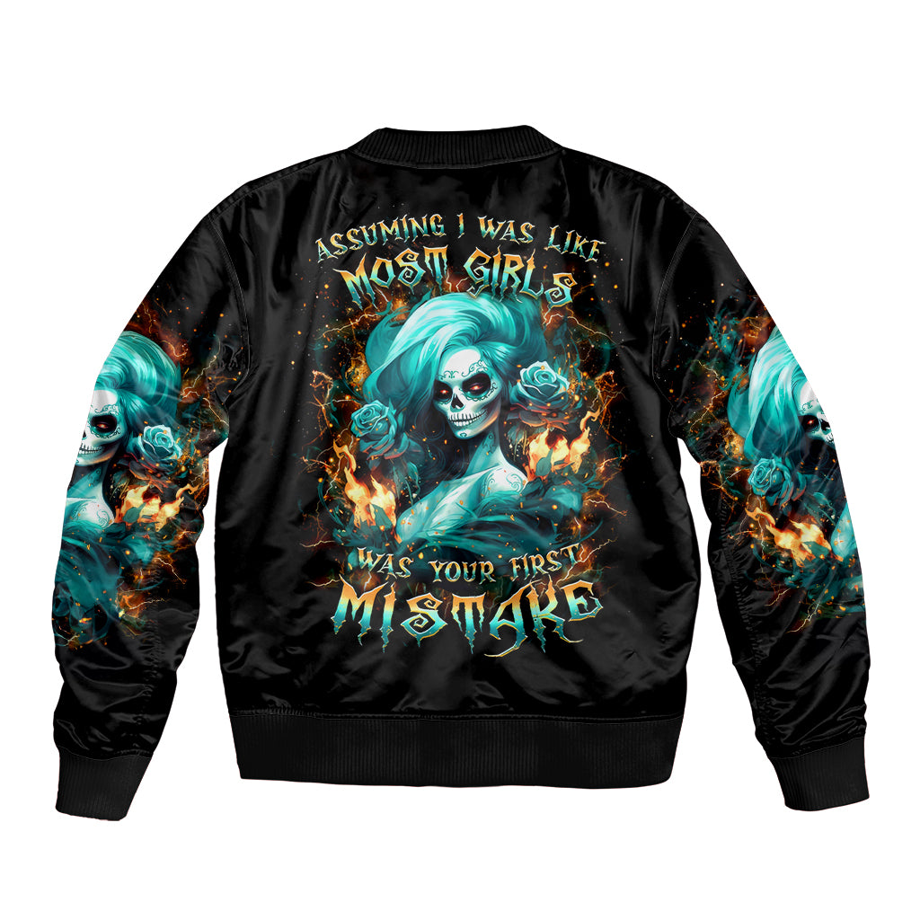 Flame Girl Skull Bomber Jacket Assuming I Was Like Most Girls Was Your First Mistake - Wonder Print Shop