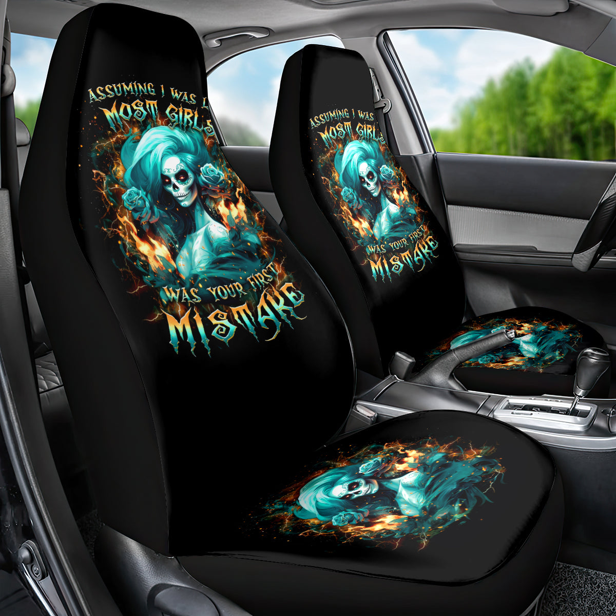 Flame Girl Skull Car Seat Cover Assuming I Was Like Most Girls Was Your First Mistake - Wonder Print Shop