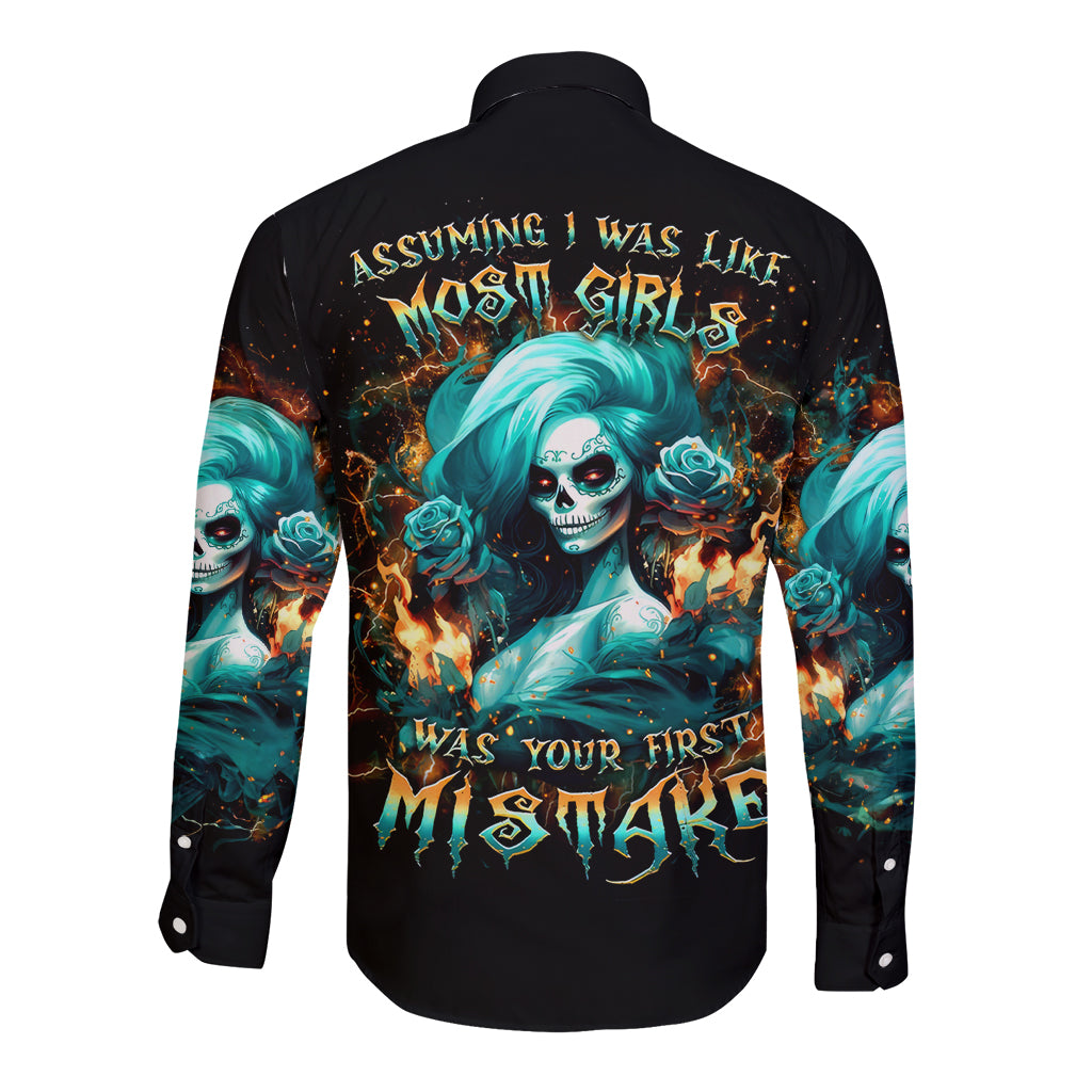 Flame Girl Skull Long Sleeve Button Shirt Assuming I Was Like Most Girls Was Your First Mistake - Wonder Print Shop