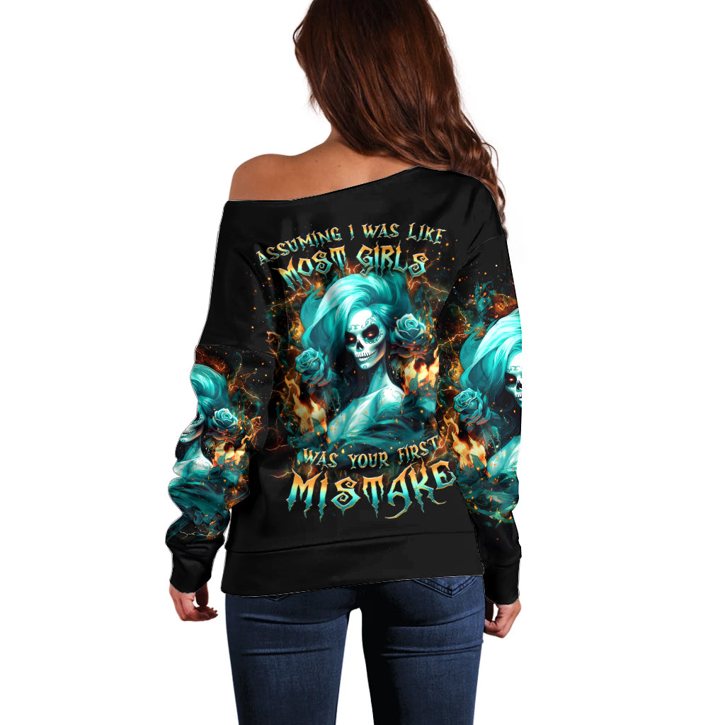 Flame Girl Skull Off Shoulder Sweater Assuming I Was Like Most Girls Was Your First Mistake - Wonder Print Shop