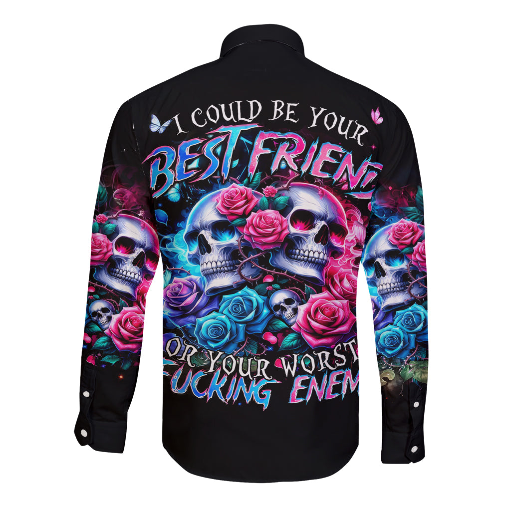 Couple Skull Long Sleeve Button Shirt I Could Be Your Best Friend Or Your Worst Fucking Enemy - Wonder Print Shop