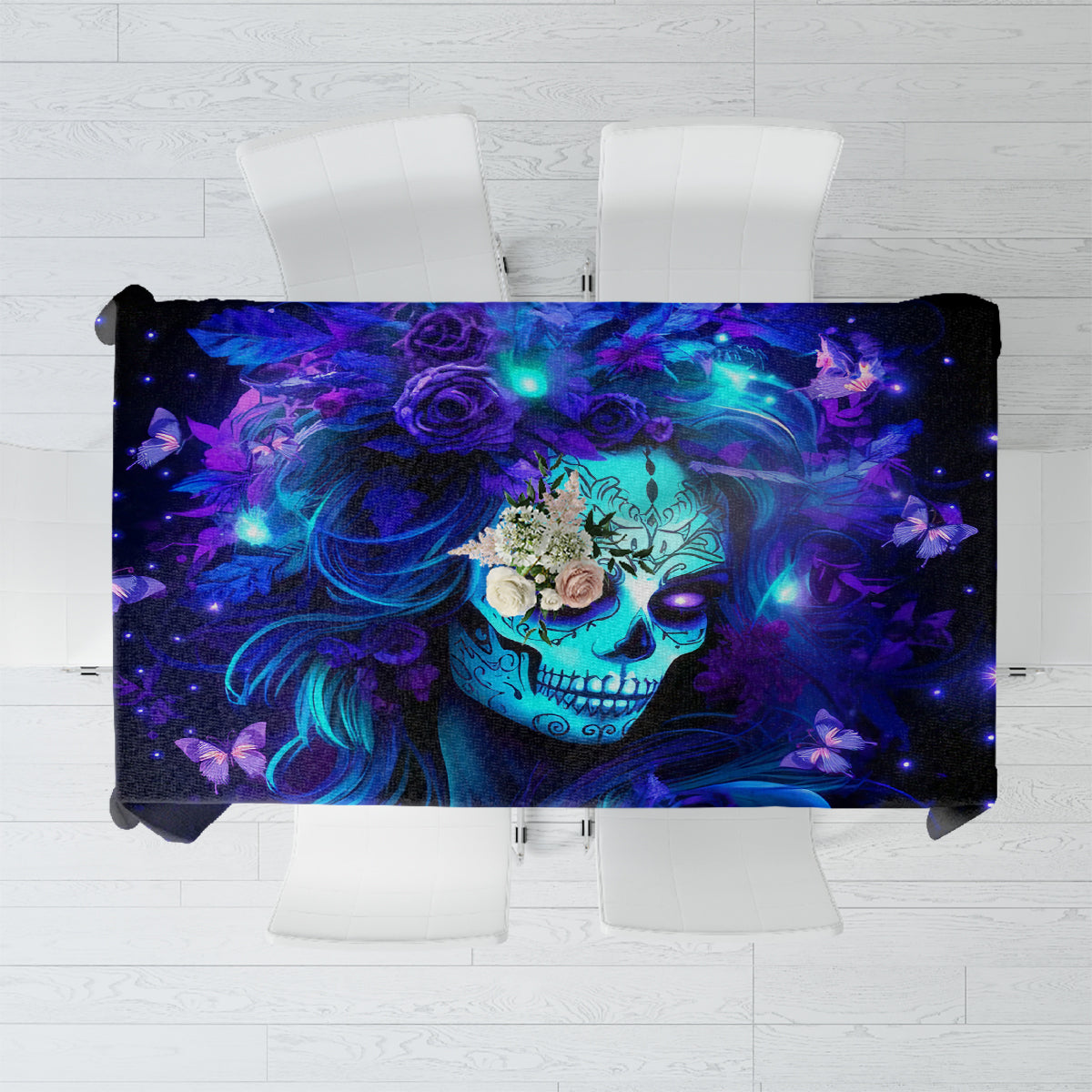 Skull-themed tablecloth with purple and blue glowing skull artwork on dark fabric