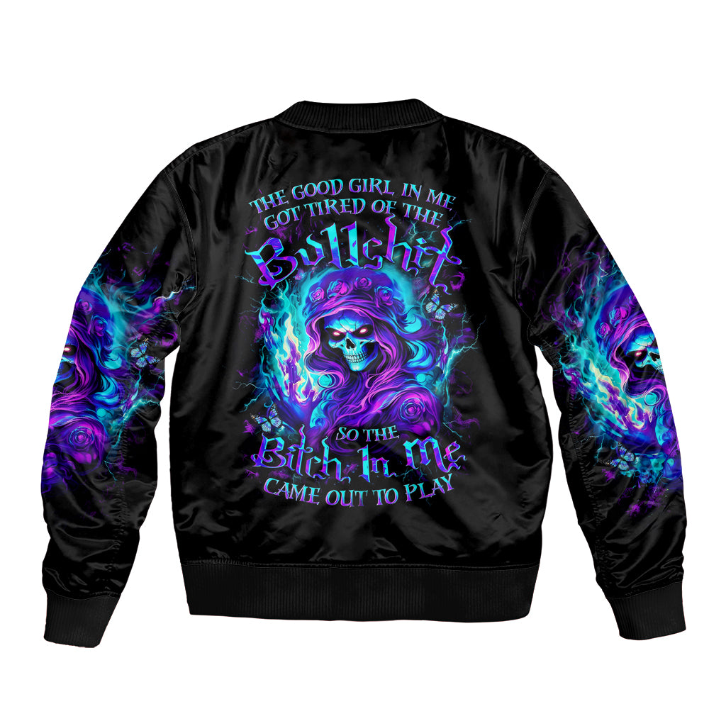 Flame Girl Skull Bomber Jacket The Good Girl In Me Got Tired Of The Bullshit - Wonder Print Shop