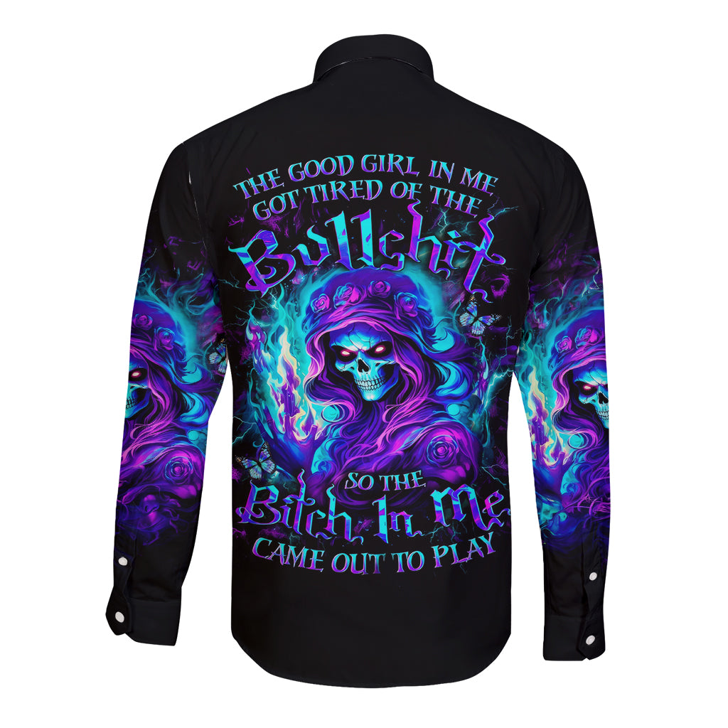 Flame Girl Skull Long Sleeve Button Shirt The Good Girl In Me Got Tired Of The Bullshit - Wonder Print Shop