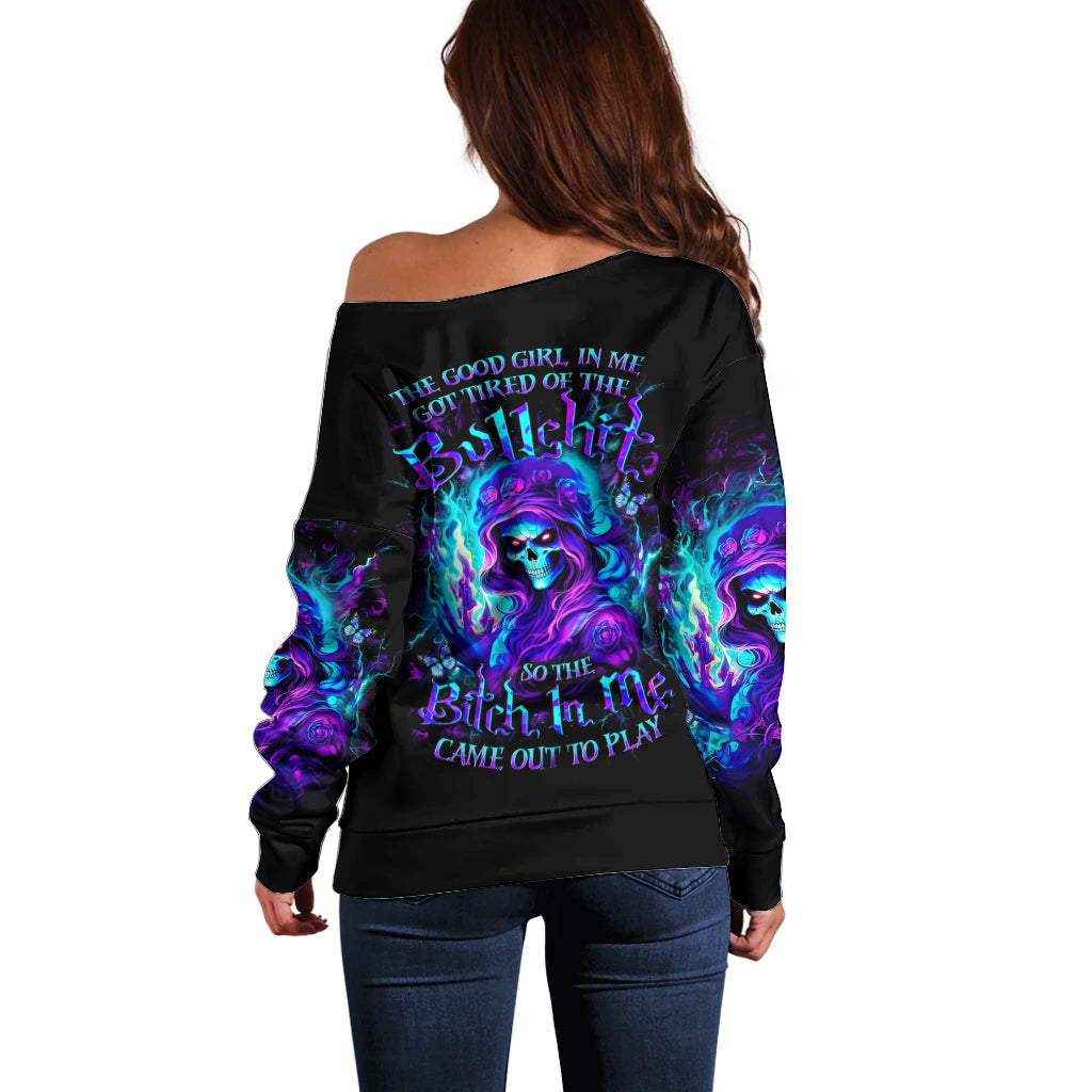 Flame Girl Skull Off Shoulder Sweater The Good Girl In Me Got Tired Of The Bullshit - Wonder Print Shop