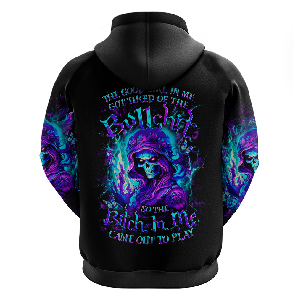 Flame Girl Skull Zip Hoodie The Good Girl In Me Got Tired Of The Bullshit - Wonder Print Shop