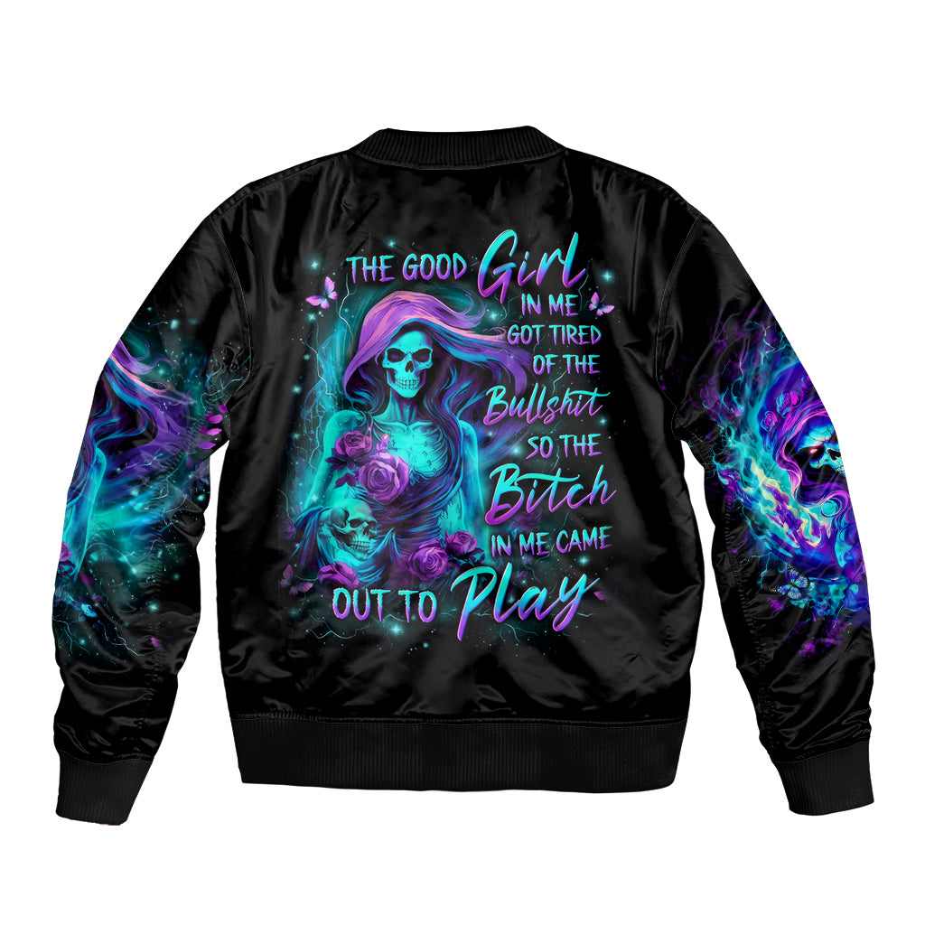 Flame Girl Skull Bomber Jacket The Good Girl In Me Got Tired Of The Bullshit - Wonder Print Shop