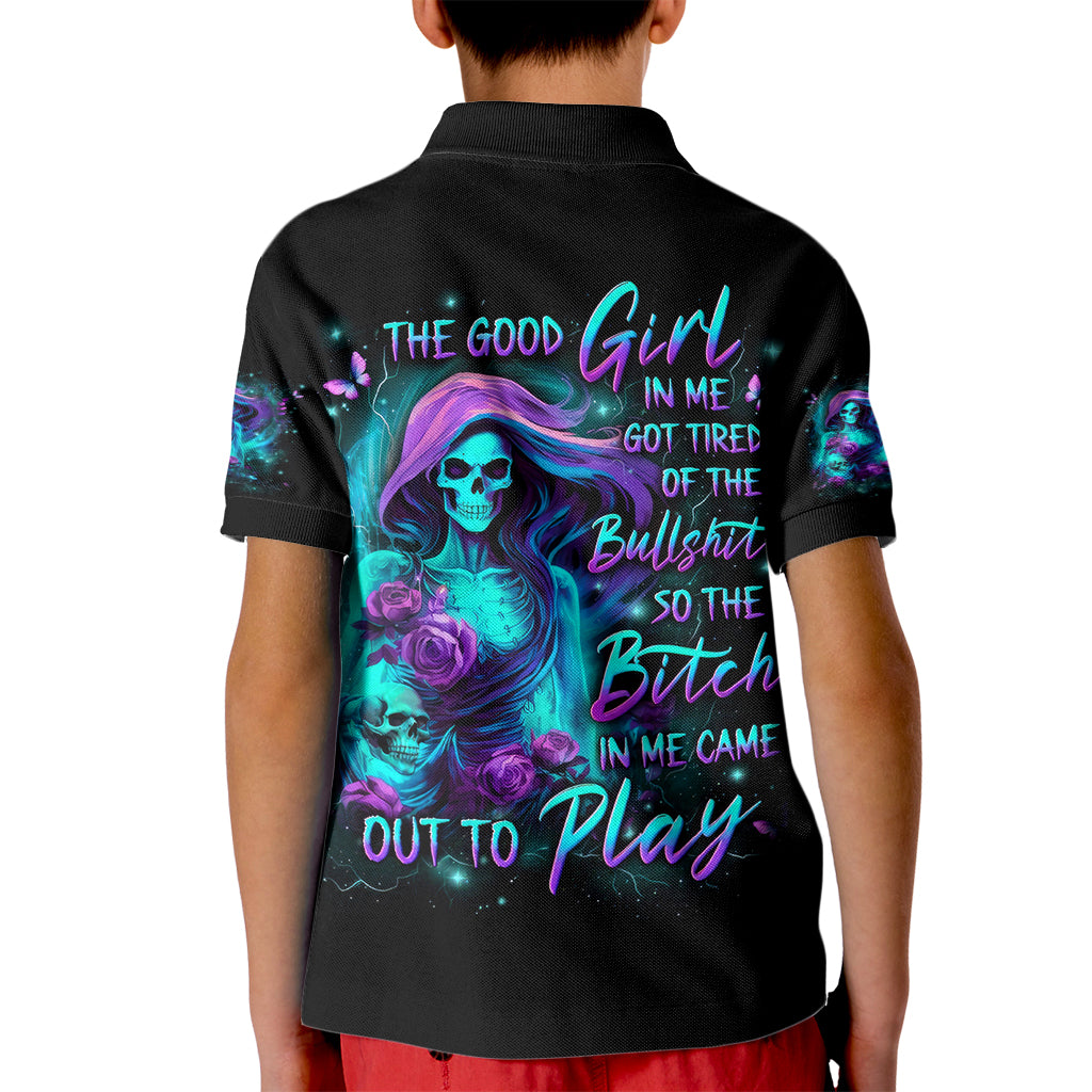 Flame Girl Skull Kid Polo Shirt The Good Girl In Me Got Tired Of The Bullshit - Wonder Print Shop