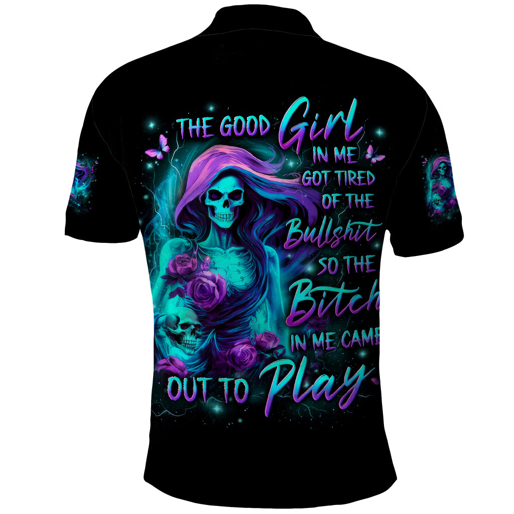 Flame Girl Skull Polo Shirt The Good Girl In Me Got Tired Of The Bullshit - Wonder Print Shop