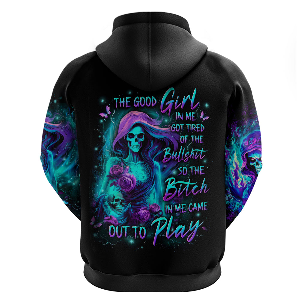 Flame Girl Skull Zip Hoodie The Good Girl In Me Got Tired Of The Bullshit - Wonder Print Shop