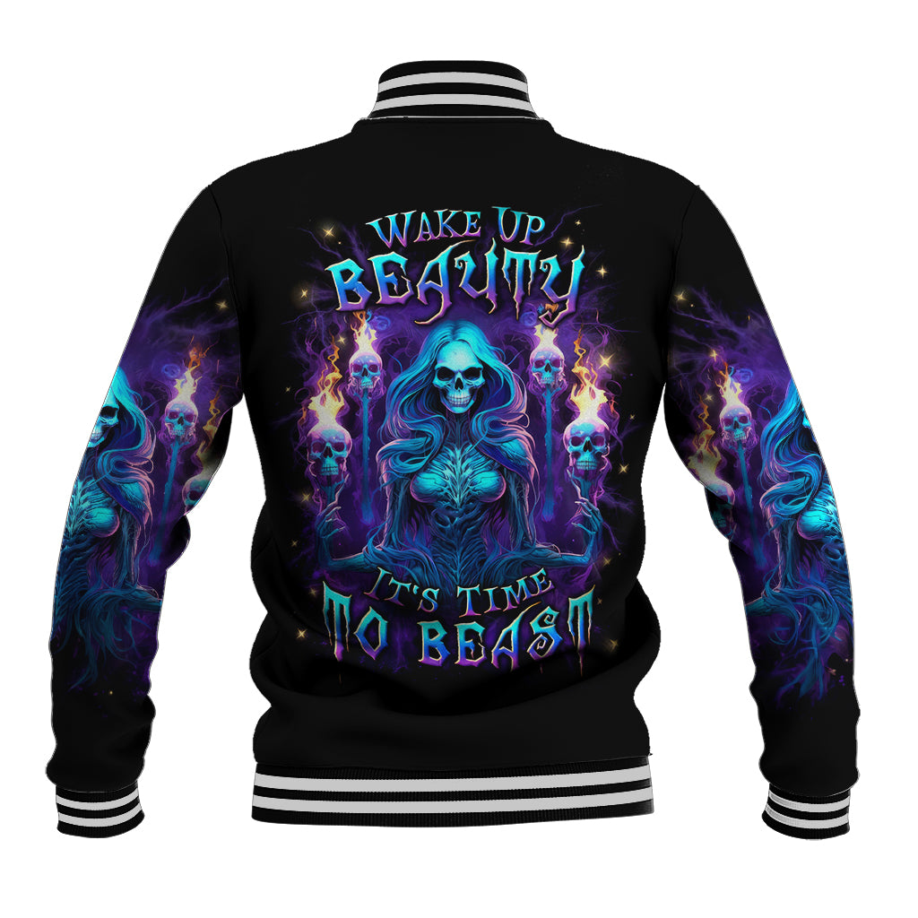 Black baseball jacket with ribbed striped collar, back neon witch skull graphic