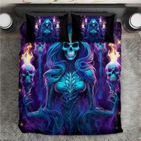 Black witch skull bedding set with blue skeleton woman print and two matching pillowcases