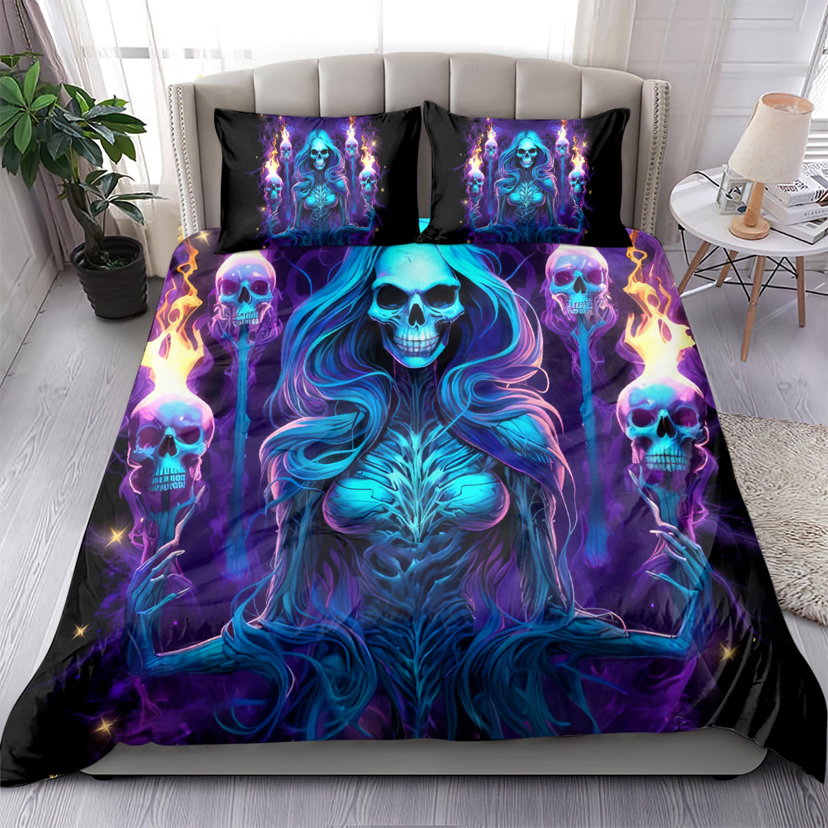 Black witch skull bedding set with blue skeleton woman center, two pillowcases, full cover