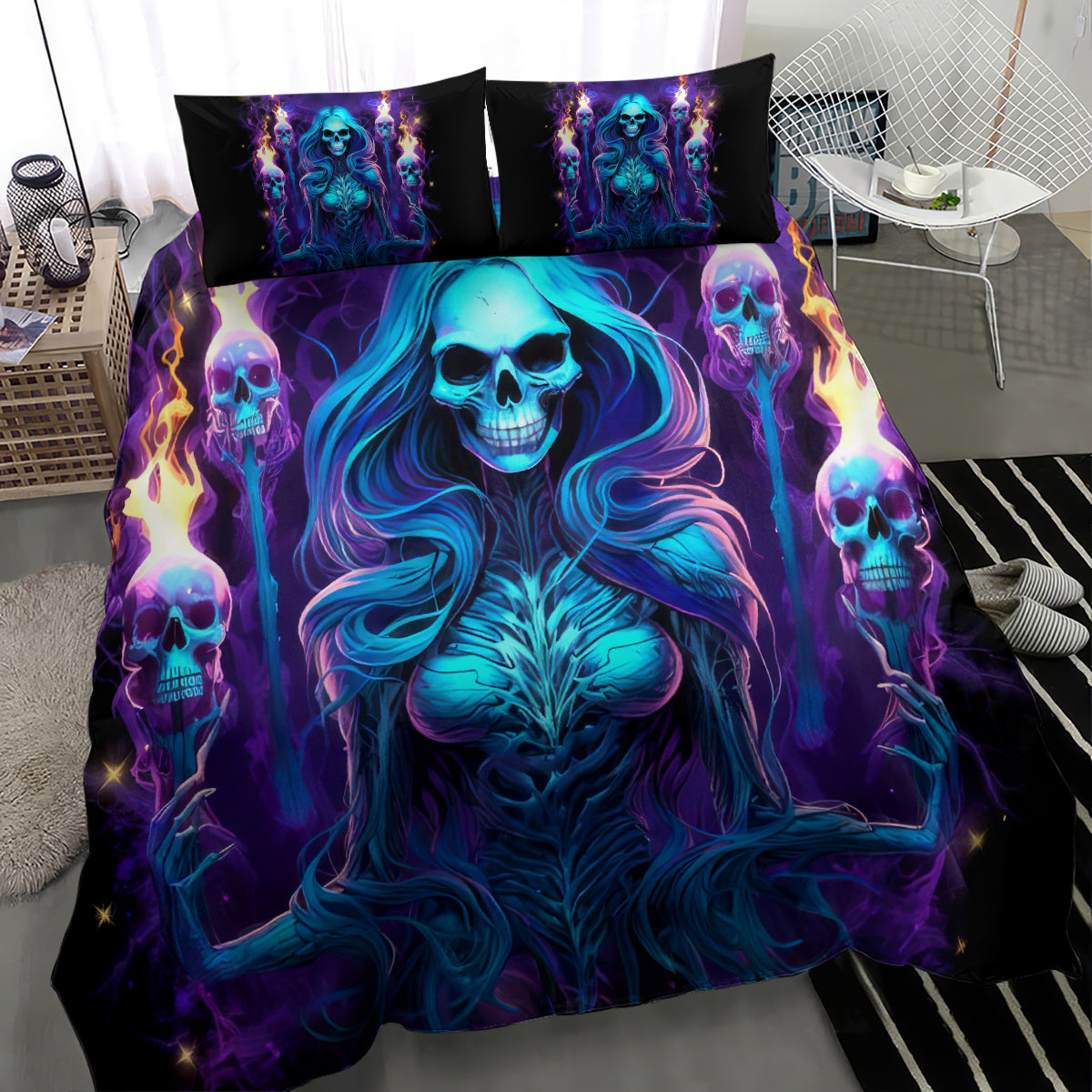 Black witch skull bedding set with blue skull woman print and flame skull side motifs