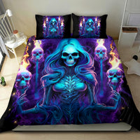 Black witch skull bedding set with large blue skeleton woman on duvet and two pillowcases