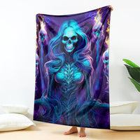 Skull witch wall-hanging blanket with blue skeleton face and purple flame accents