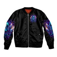 Black bomber jacket with front zipper, sleeve graphics and blue skull witch artwork