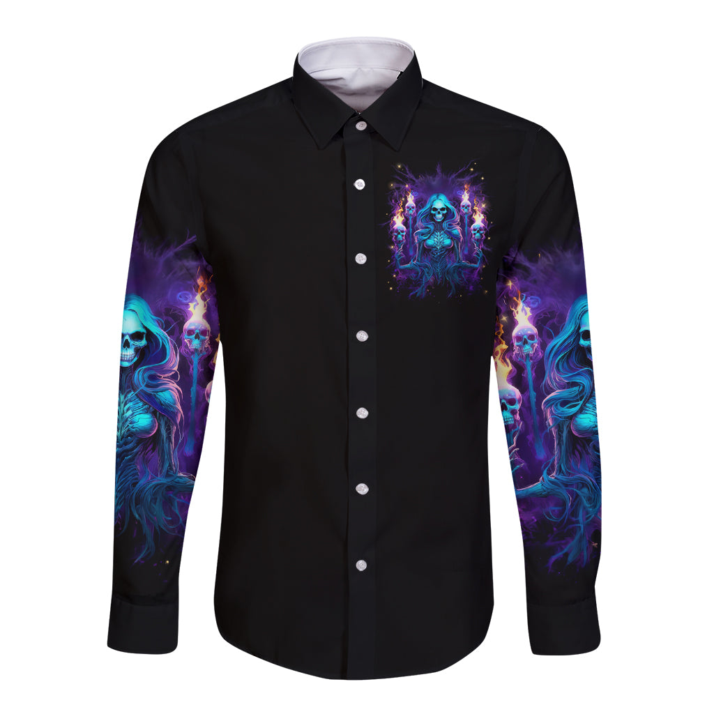 Unisex black long-sleeve button shirt, front chest graphic with skull and neon blue sleeves