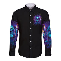 Unisex black long-sleeve button shirt, front chest graphic with skull and neon blue sleeves