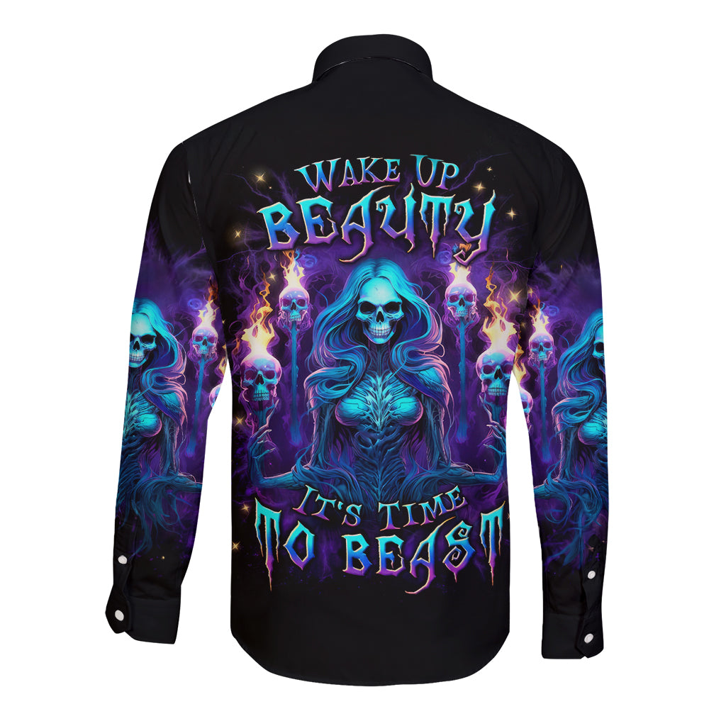 Unisex black long-sleeve button shirt, back graphic with skull and blue-purple text