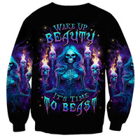 Black unisex sweatshirt with blue skull witch graphic and fiery purple flames on front