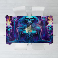 Rectangular Halloween tablecloth, central skull artwork in blue and purple, black base