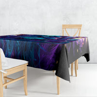 Halloween tablecloth draped on bench table, purple and blue skull swirl design