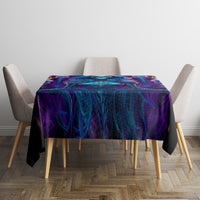 Halloween tablecloth on round table, dark blue and purple skull wave print, black edge
