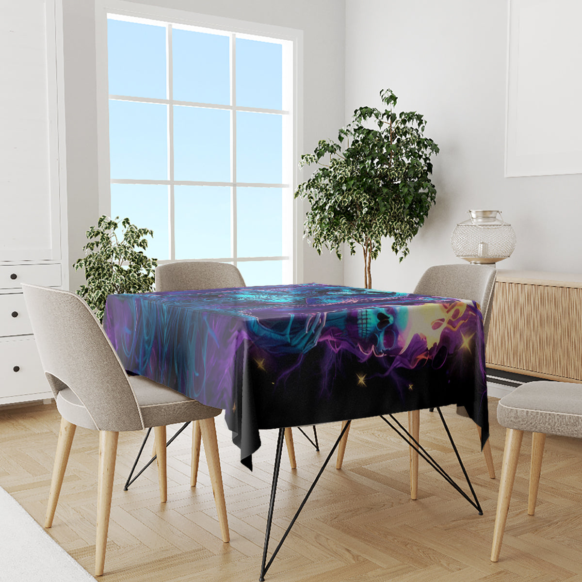Halloween tablecloth on dining table, purple-blue neon skull pattern with black border
