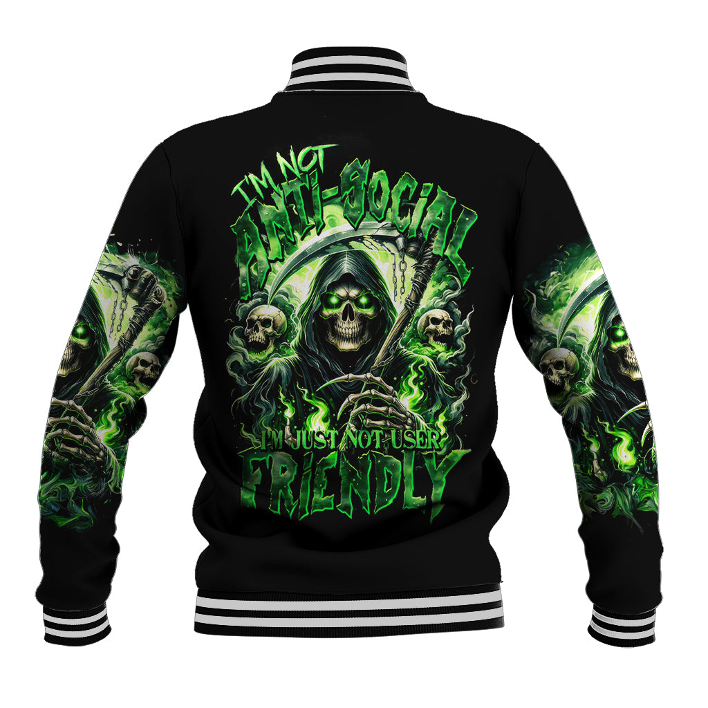 Flame Reaper Skull Baseball Jacket I'm Not Anti Social I'm Just Not User Friendly - Wonder Print Shop