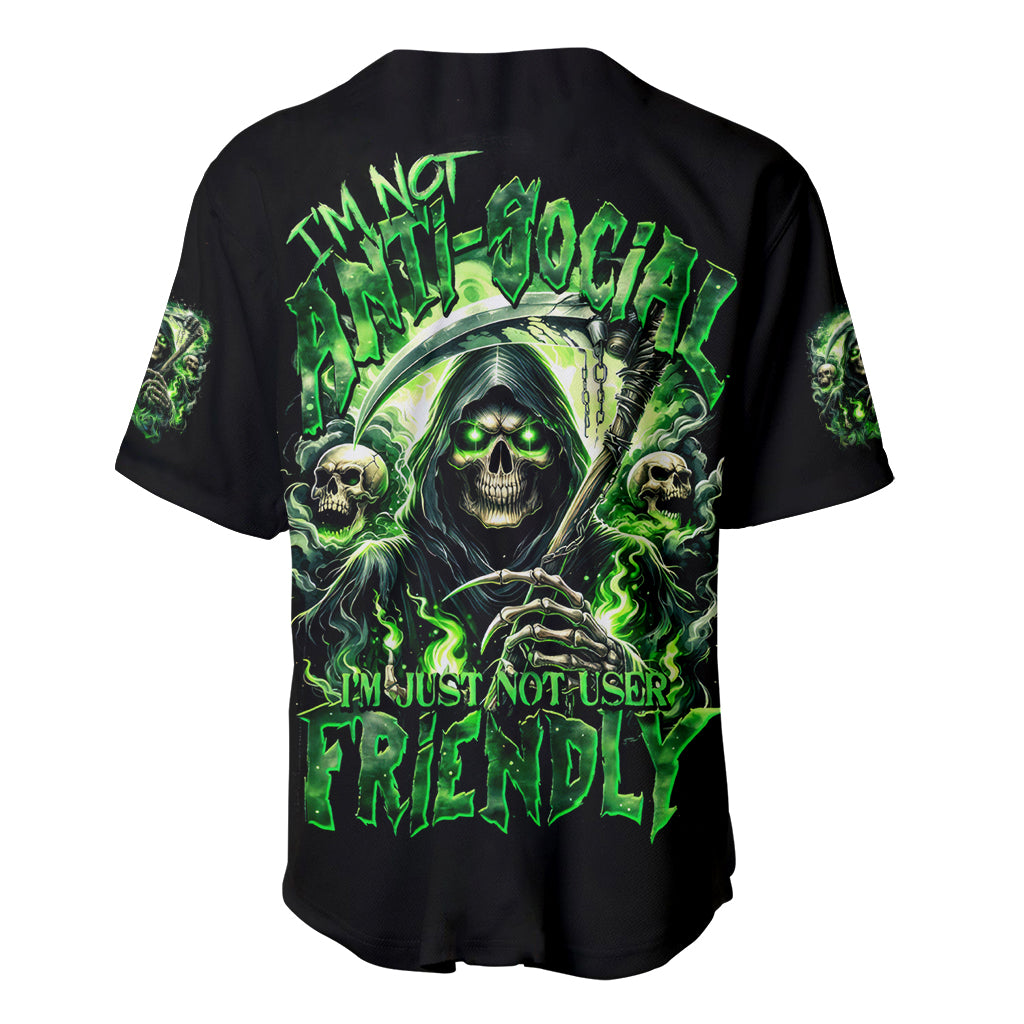 Flame Reaper Skull Baseball Jersey I'm Not Anti Social I'm Just Not User Friendly - Wonder Print Shop