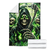 Green flame skull reaper blanket flat display with glowing eyes, skeleton hand, and chain