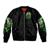 Black bomber jacket with green skull chest print, front zipper, ribbed hem