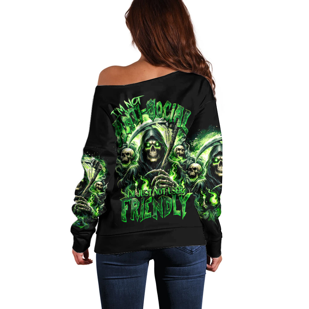 Flame Reaper Skull Off Shoulder Sweater I'm Not Anti Social I'm Just Not User Friendly - Wonder Print Shop