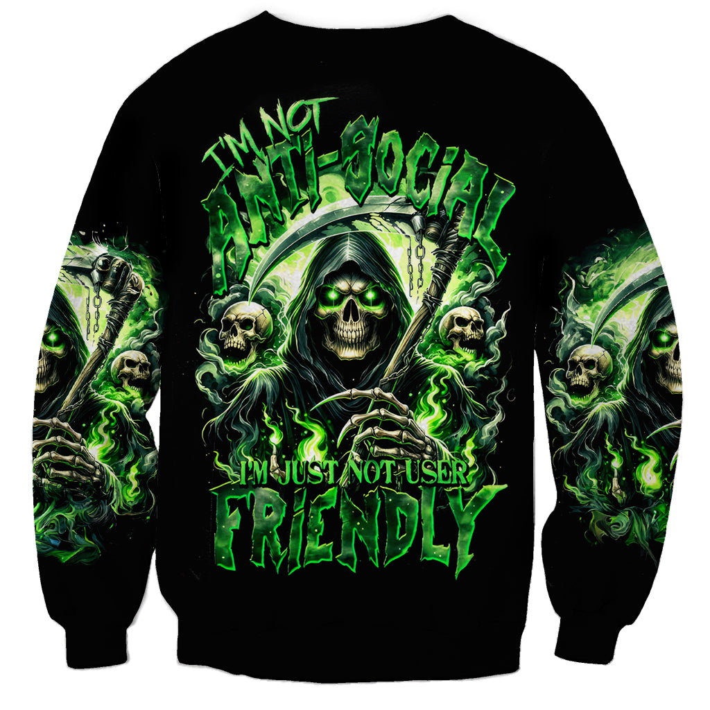Black sweatshirt with neon green skull reaper graphic and long sleeve crewneck