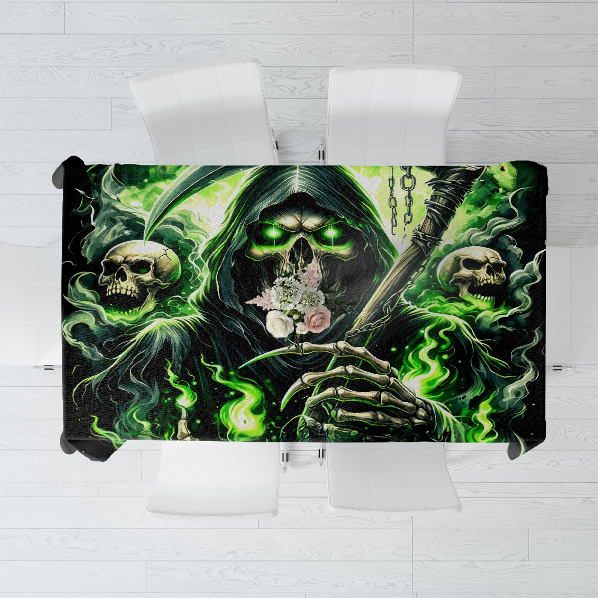 Black skull tablecloth with green flame motif, rectangular center panel and corners