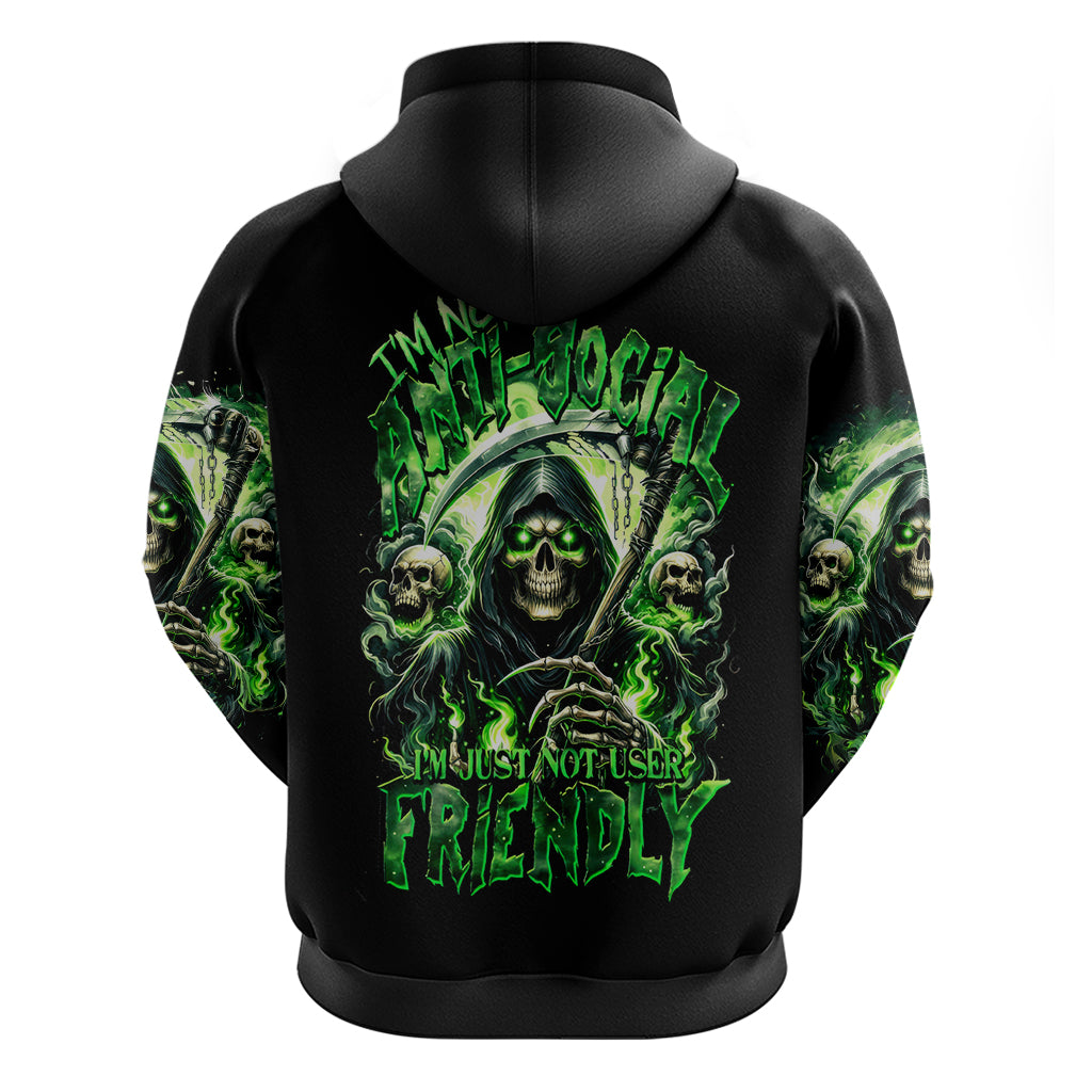 Flame Reaper Skull Zip Hoodie I'm Not Anti Social I'm Just Not User Friendly - Wonder Print Shop