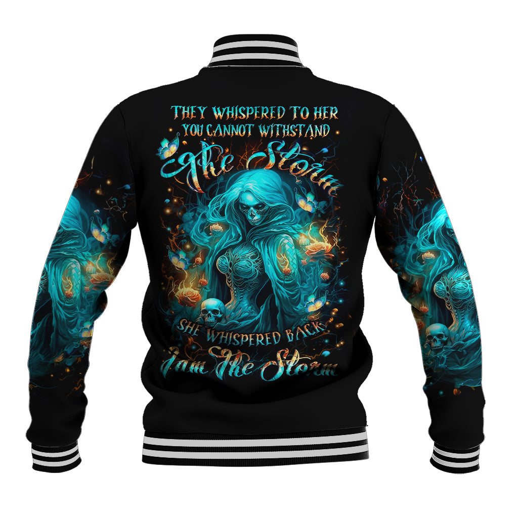 Black baseball jacket with teal witch skull back graphic and striped ribbed collar/cuffs