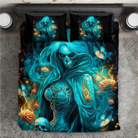 Witch skull bedding set, teal-blue skeleton witch print with roses, includes 2 pillowcases