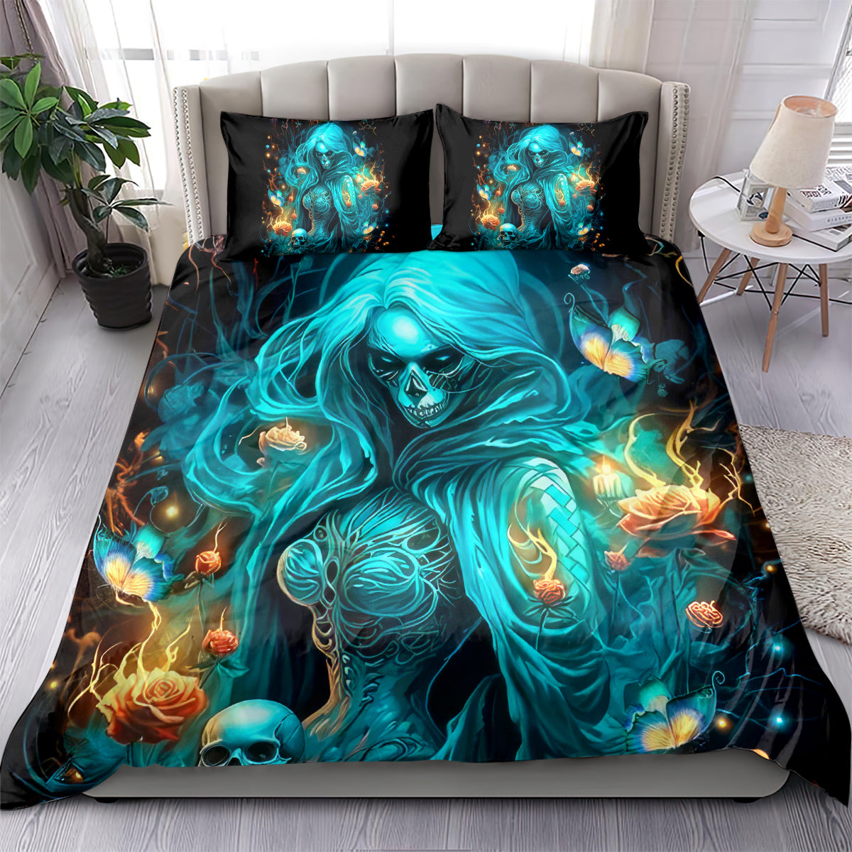 Witch skull bedding set, teal-blue skeletal witch duvet with rose accents and 2 pillow shams