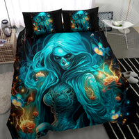 Witch skull bedding set: teal-blue skeleton witch duvet with roses, includes 2 pillow shams