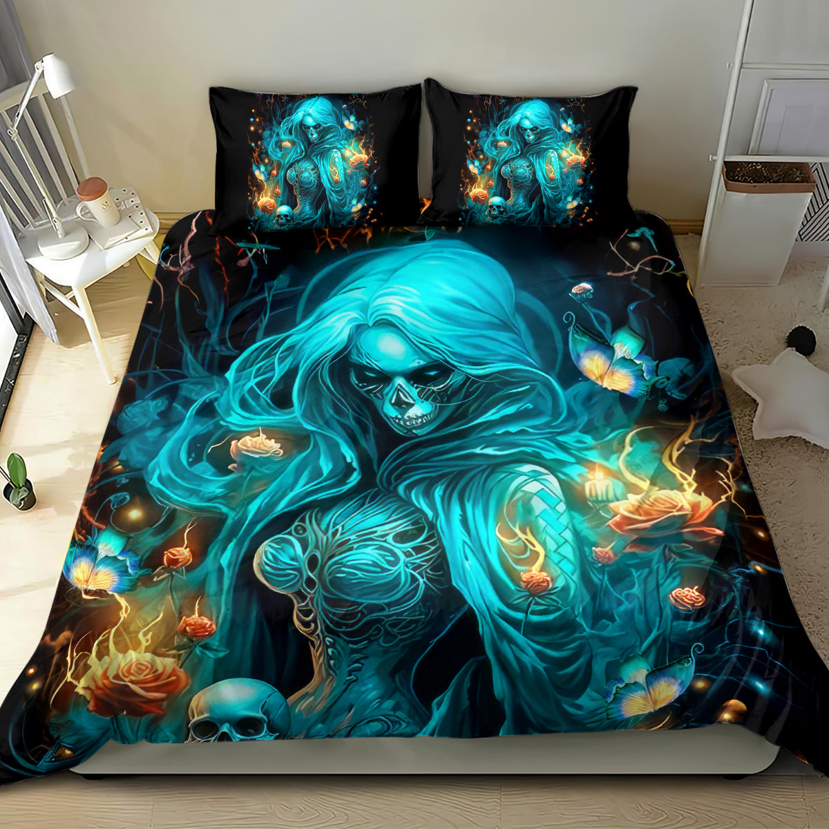 Witch skull bedding set with teal-blue skeletal witch print on duvet and 2 matching pillow shams