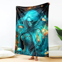 Teal skull witch blanket with fiery accents and glowing flame motifs, full panel view