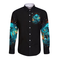 Black long-sleeve button shirt with blue witch skull chest graphic and sleeves