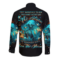Black long-sleeve button shirt with blue witch skull graphic on back